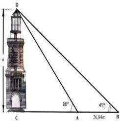 Sơ đồ tháp hải đăng CD với chiều cao h, các điểm C, A, B thẳng hàng và các góc quan sát 60° tại A, 45° tại B với AB = 26,84m
