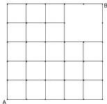 Mạng lưới ô vuông 5x5 khuyết hình vuông 2x2 với điểm A và điểm B