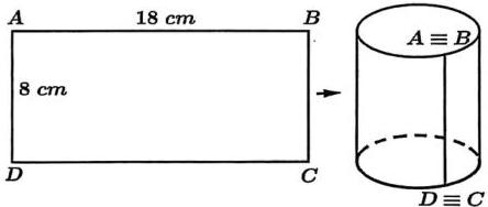 Tờ giấy hình chữ nhật ABCD với AB = 18 cm, AD = 8 cm được cuộn lại để tạo thành mặt xung quanh hình trụ với A ≡ B và D ≡ C