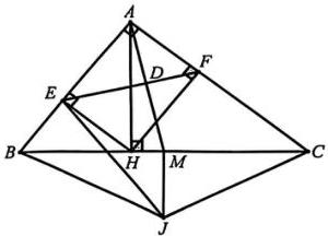 Hình vẽ tam giác vuông $ABC$ với các điểm $D, E, F, H, M, J$ và các đường vuông góc