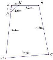 Mảnh đất hình tứ giác ABCD với AB = 8,2m, BC = 14,5m, CD = 9,7m, AD = 16,4m và tam giác AMN với AM = 1m, AN = 1m, MN = 1,6m