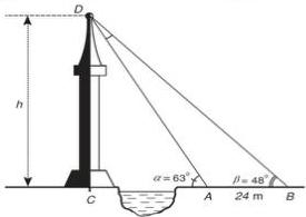 Hình vẽ tháp CD với chiều cao h, các điểm A, B, C thẳng hàng và các góc CAD = 63°, CBD = 48°, AB = 24m