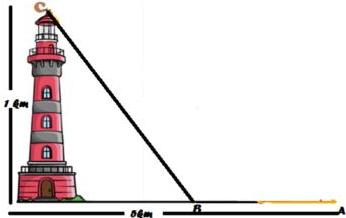 Sơ đồ hải đăng cao 1km và đường dây điện kéo từ A đến B trên mặt đất dài 5km đến chân hải đăng rồi từ B lên đỉnh C