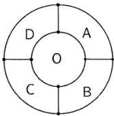 Hình tròn được chia thành 5 phần O, A, B, C, D