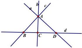 Hình vẽ các đường thẳng a, b, c, d cắt nhau tại điểm A và các điểm B, C, D trên đường thẳng d