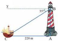 Hình minh họa tháp hải đăng AB, ca nô tại C cách chân tháp A 220 m và góc $\widehat{CBy} = 35^{\circ}$