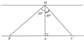 Hình vẽ minh họa ba đường bơi AM, BM, CM với AM vuông góc BC tại A, góc BMA = 50° và góc CMA = 40°