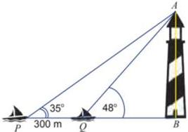 Hình minh họa tháp hải đăng AB với hai tàu P và Q cách nhau 300 m và các góc nhìn 35° và 48°