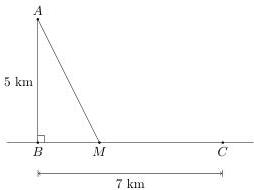 Sơ đồ ngọn hải đăng A cách bờ biển AB = 5 km và kho C cách B 7 km với điểm M trên bờ biển