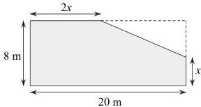 Hình vẽ mảnh đất hình chữ nhật 20m x 8m với phần tô đậm là đất không bị thu hồi và phần tam giác bị thu hồi có kích thước x và 2x