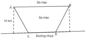 Sơ đồ minh họa quãng đường di chuyển từ A đến B qua đường nhựa CD, với AB song song với đường nhựa và cách 10 km