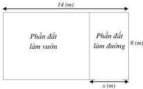 Sơ đồ mảnh đất hình chữ nhật thể hiện phần đất làm vườn và phần đất làm đường