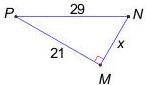 Tam giác $PMN$ vuông tại $M$ với $PN = 29$, $PM = 21$, $MN = x$