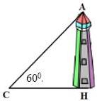 hình vẽ tháp AH với đỉnh A, chân tháp H và góc nhìn $60^\circ$ tại điểm C