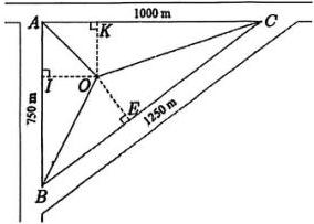 Hình vẽ tam giác $ABC$ vuông tại $A$ với $AB = 750\text{ m}$, $AC = 1000\text{ m}$, $BC = 1250\text{ m}$ và điểm $O$ bên trong cách đều ba cạnh, $OI \perp AB$, $OK \perp AC$, $OE \perp BC$