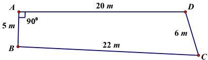 Mảnh đất hình tứ giác ABCD với AB = 5 m, AD = 20 m, BC = 22 m, CD = 6 m và góc A = 90°