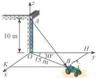 Hệ tọa độ Oxyz với cần cẩu tại điểm A cao 10 m và xe tại điểm B cách O 15 m, tạo góc 30° với trục Oy