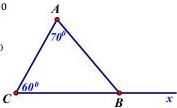 Hình vẽ tam giác ABC có $\widehat{A}=70^{\circ}$, $\widehat{C}=60^{\circ}$ và tia Bx là tia đối của tia BC