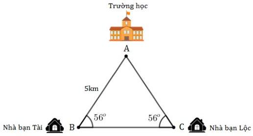 Sơ đồ tam giác ABC với trường học tại đỉnh A, nhà bạn Tài tại đỉnh B, nhà bạn Lộc tại đỉnh C, AB = 5km, góc B = 56° và góc C = 56°