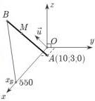 Mô hình hệ trục tọa độ $Oxyz$ với điểm $A(10;3;0)$, vectơ $\vec{u}$ và điểm $B$ có hoành độ $x_B=550$