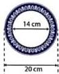 Đĩa sứ với phần viền tráng men xanh, đường kính ngoài 20 cm và đường kính trong 14 cm