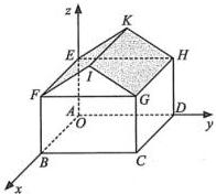 Hình minh họa nhà kho trong hệ tọa độ Oxyz với các đỉnh $A, B, C, D, E, F, G, H, I, K$