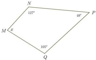 Tứ giác MNPQ với góc N bằng 127 độ, góc P bằng 48 độ, góc Q bằng 105 độ và góc M bằng x