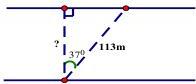 Sơ đồ khúc sông minh họa thuyền đi lệch góc 37° với quãng đường 113m