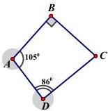 Tứ giác ABCD có góc A bằng 105°, góc B vuông, góc D bằng 86°