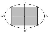 hình elip với hình chữ nhật nội tiếp tô đậm và các đỉnh trục A, A', B, B'