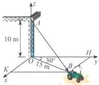 hình vẽ hệ trục tọa độ Oxyz với cần cẩu tại điểm A, xe tại điểm B, AO = 10m, OB = 15m và góc BOH = 30°