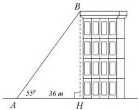 Hình vẽ mô tả tòa nhà BH vuông góc với mặt đất tại H, bóng trên mặt đất AH = 36m, tia nắng AB hợp với mặt đất góc 55° tại A