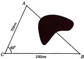 hình minh họa tam giác ACB với AC 70km, BC 100km và góc C 60 độ