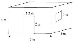 Căn phòng hình hộp chữ nhật kích thước dài 5 m, rộng 6 m, cao 3 m với cửa ra vào rộng 1,2 m cao 2 m và cửa sổ hình vuông cạnh 1 m