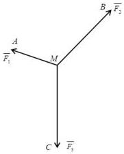 Hình vẽ vật M chịu tác dụng của ba lực căng $\overrightarrow{F_1}, \overrightarrow{F_2}, \overrightarrow{F_3}$ tại ba điểm $A, B, C$