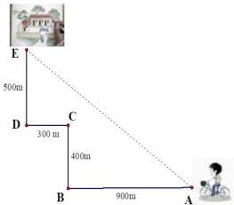 Sơ đồ đường đi từ A đến E qua B, C, D với DE = 500m, DC = 300m, BC = 400m, BA = 900m và đoạn AE là đường thẳng nối A với E
