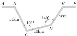 Mô hình đường đi vòng qua núi qua các điểm B, C, D, E với BC = 11km, CD = 10km, DE = 8km, góc tại C là 101° và góc tại D là 140°