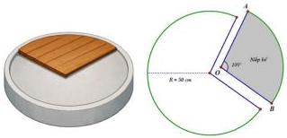 Mô hình bể nước ngoài trời và sơ đồ hình quạt tròn nắp bể bán kính R = 50 cm, góc ở tâm 100°