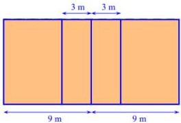Sơ đồ sân bóng chuyền hình chữ nhật với các đường kẻ và kích thước 9m, 3m
