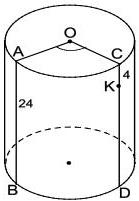 Hình trụ có bán kính đáy 9 cm, chiều cao 24 cm, hai đường sinh AB và CD với góc AOC bằng 128 độ và điểm K trên CD sao cho CK = 4 cm
