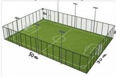 Sân bóng đá mini hình chữ nhật chiều dài 50m, chiều rộng 30m, chiều cao lưới 8m