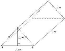 Lều trại dạng lăng trụ đứng tam giác với kích thước đáy 3,2m, chiều cao đáy 1,2m, chiều dài 5m và cạnh bên 2m