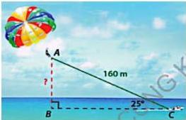 Hình vẽ minh họa ca nô dù bay với dây kéo AC = 160 m, góc ACB = 25 độ và độ cao AB cần tính