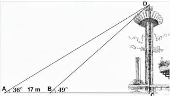 Sơ đồ đo chiều cao tháp CD với các điểm A, B, C thẳng hàng, AB = 17 m, góc DAC = 36° và góc DBC = 49°