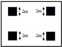 Sơ đồ khu đất hình chữ nhật với bốn bồn hoa hình vuông cạnh 2m