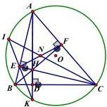 Hình vẽ tam giác ABC nội tiếp đường tròn (O;R) với các đường cao AD, BF, CE cắt nhau tại H