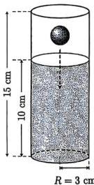 Hình vẽ chiếc cốc thủy tinh hình trụ cao 15 cm, mực nước cao 10 cm, bán kính đáy R = 3 cm và viên bi hình cầu đang được thả vào cốc