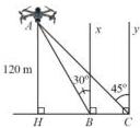 Hình vẽ flycam tại A với AH = 120 m và các góc tại B, C