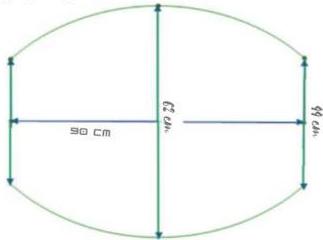 sơ đồ mặt cắt dọc thùng rượu với đường viền parabol, chiều dài 90 cm, đường kính giữa 62 cm và đường kính đáy 44 cm