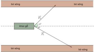 Hình minh họa khúc gỗ nổi trên mặt nước được kéo bởi hai lực $\overrightarrow{F_1}$ hợp với phương dọc bờ sông góc $30^{\circ}$ và $\overrightarrow{F_2}$ hợp với phương đó góc $45^{\circ}$